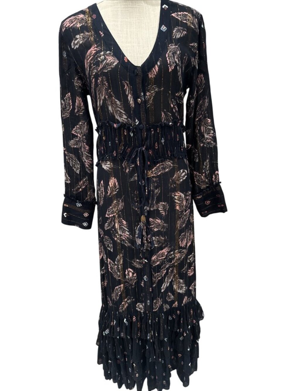 NWT Z&L Navy Multicolor Leaf Pattern w/Gold Stripe Accents V Neck Long Dress M